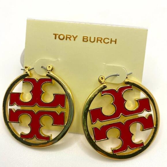 NWOT Tory Burch Gold, Double T Red Enamel Hoop Earrings - Picture 2 of 6